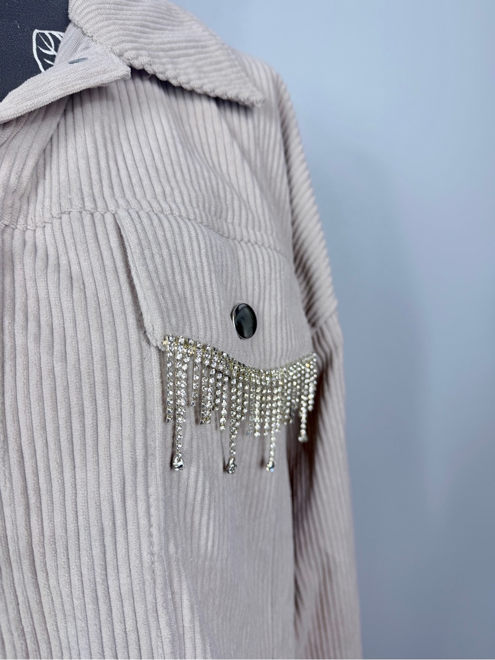 NWT Stoosh beige cropped oversize corduroy rhinestone fringe jacket size large - Picture 2 of 11